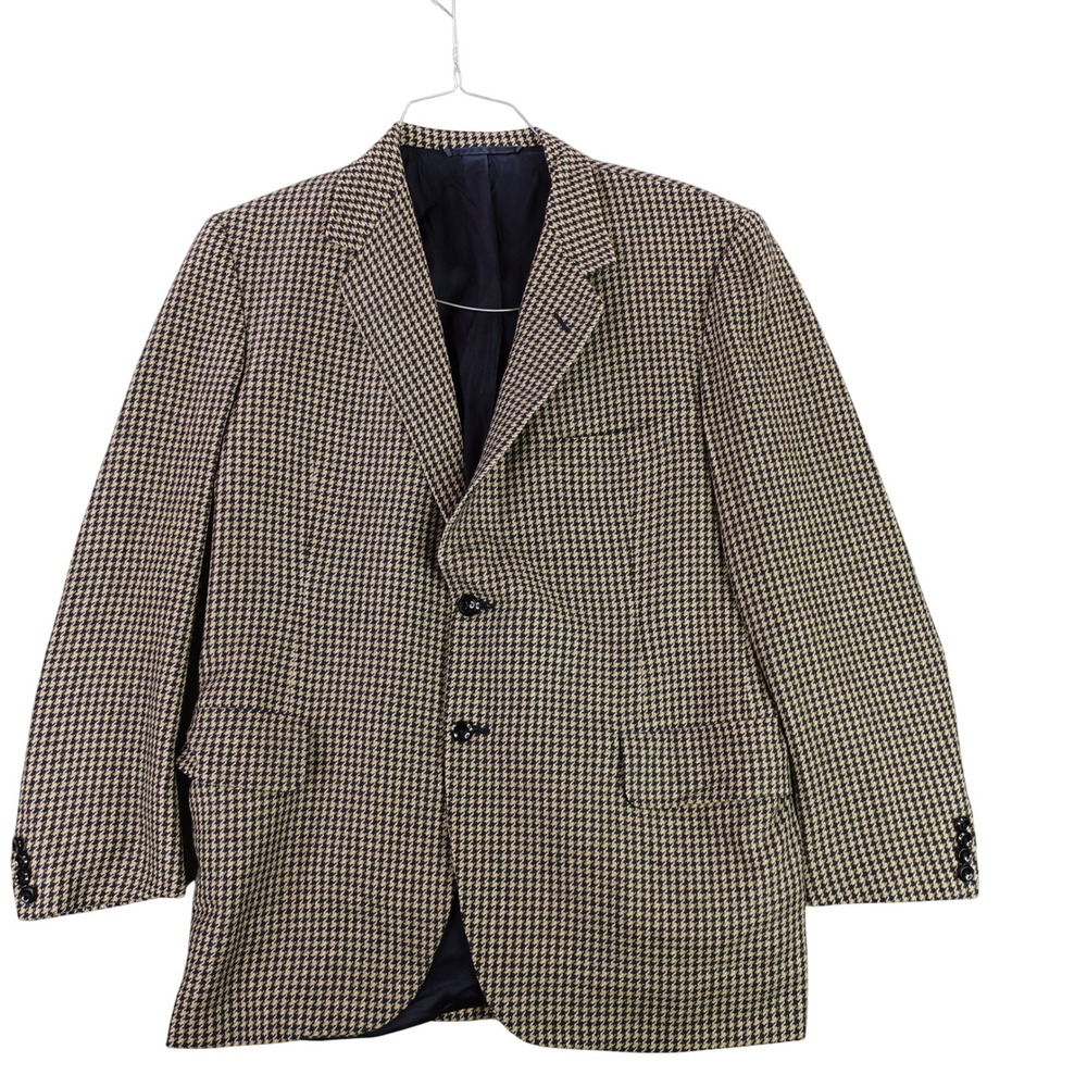 Oxxford Clothes Mens 42 Claridge Cashmere Houndstooth Blazer Sport Coat Tan Blue